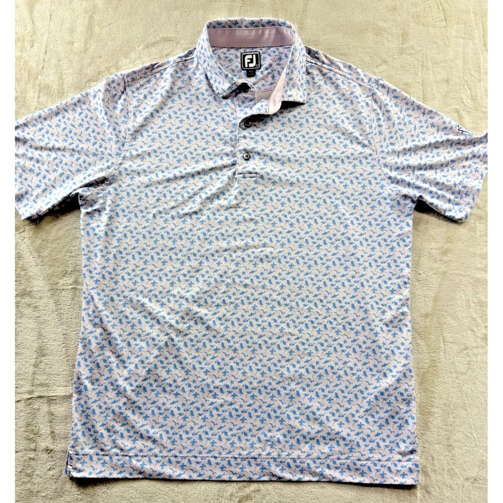 FootJoy Polo Shirt Men's Large Athletic Fit Pink Shark Print Beach Ocean Golf